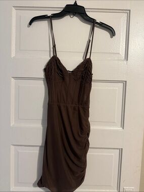 Tiger Mist Brown Ruched Slip Mini Dress